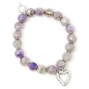 10mm Faceted Iridescent Soft Lavender Agate with Silver Open Heart