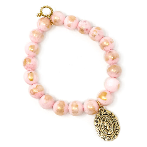 10mm Blush Pink Angel Kiss Agate with Gold Flower Mary