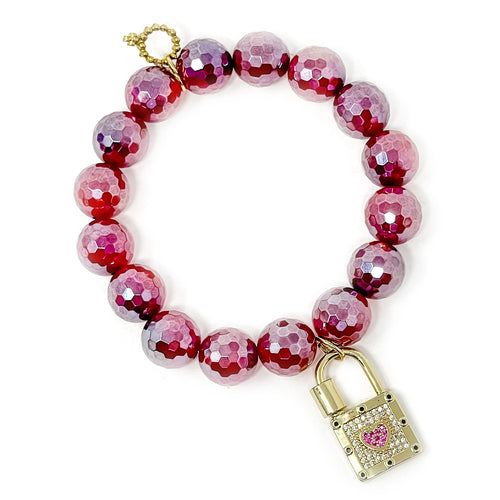 12mm Faceted Iridescent Sugar Plum Agate with Pave Gold Heart Lock