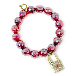 12mm Faceted Iridescent Sugar Plum Agate with Pave Gold Heart Lock