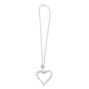 18" Silver Paperclip Necklace with Silver Hammered Open Heart