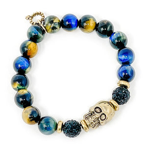 10mm Navy Blue Admiral Tiger Eye paired with a Gold Skully and Pave Accents