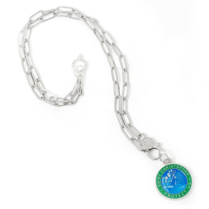 18" Silver Paperclip Necklace with Blue & Green Enameled St. Christopher