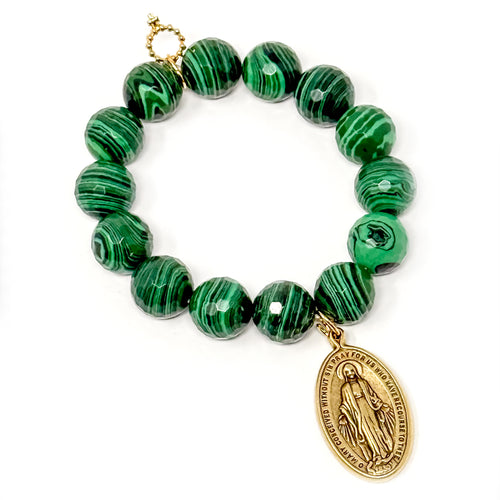 Faceted Malachite Agate with Classic Gold Blessed Mother