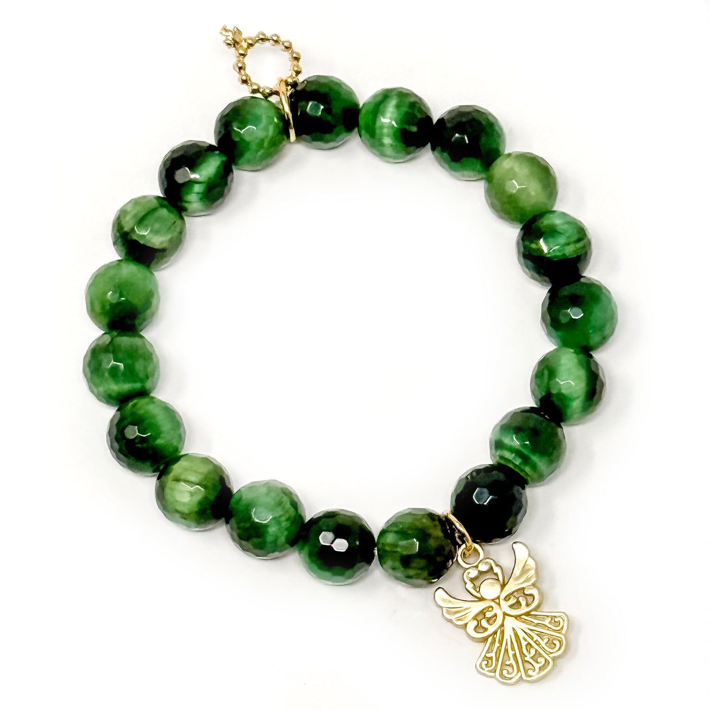 10mm Faceted Evergreen Tiger Eye with Matte Gold Angel