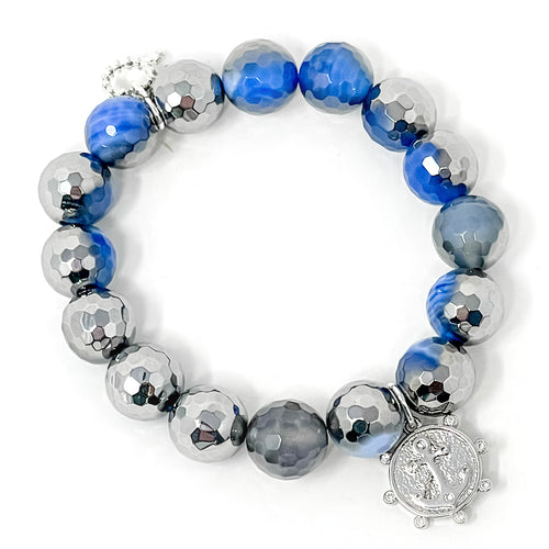 12mm Faceted Ice Cap Agate with Silver Anchor