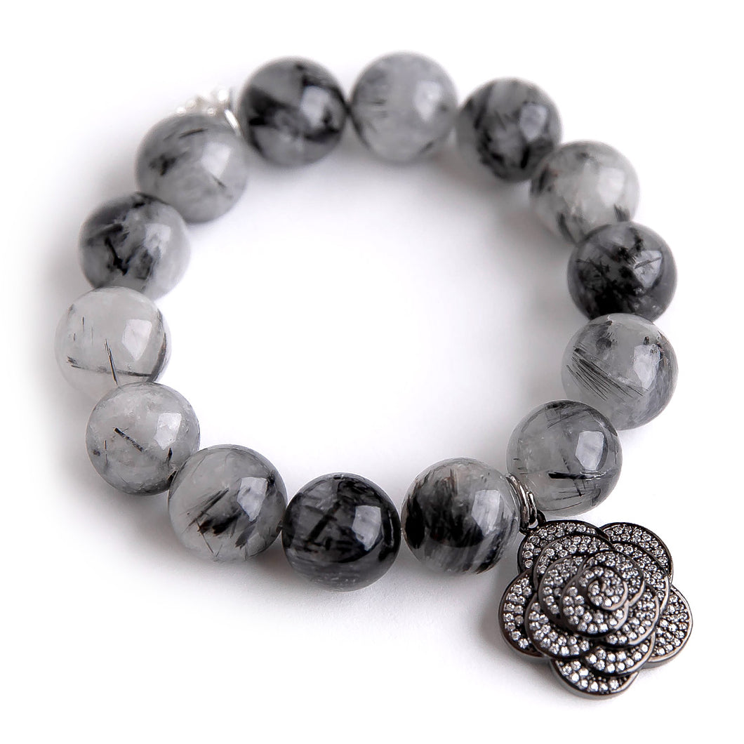 Grey Owl Quartz paired with a gunmetal Pave Flower