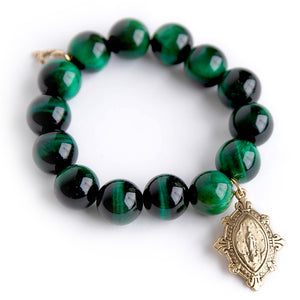 Emerald Tiger Eye paired with a Brass Fleur Blessed Mother