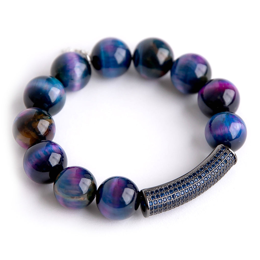 Northern Lights Tiger Eye paired with a gunmetal navy crystal micropave bar