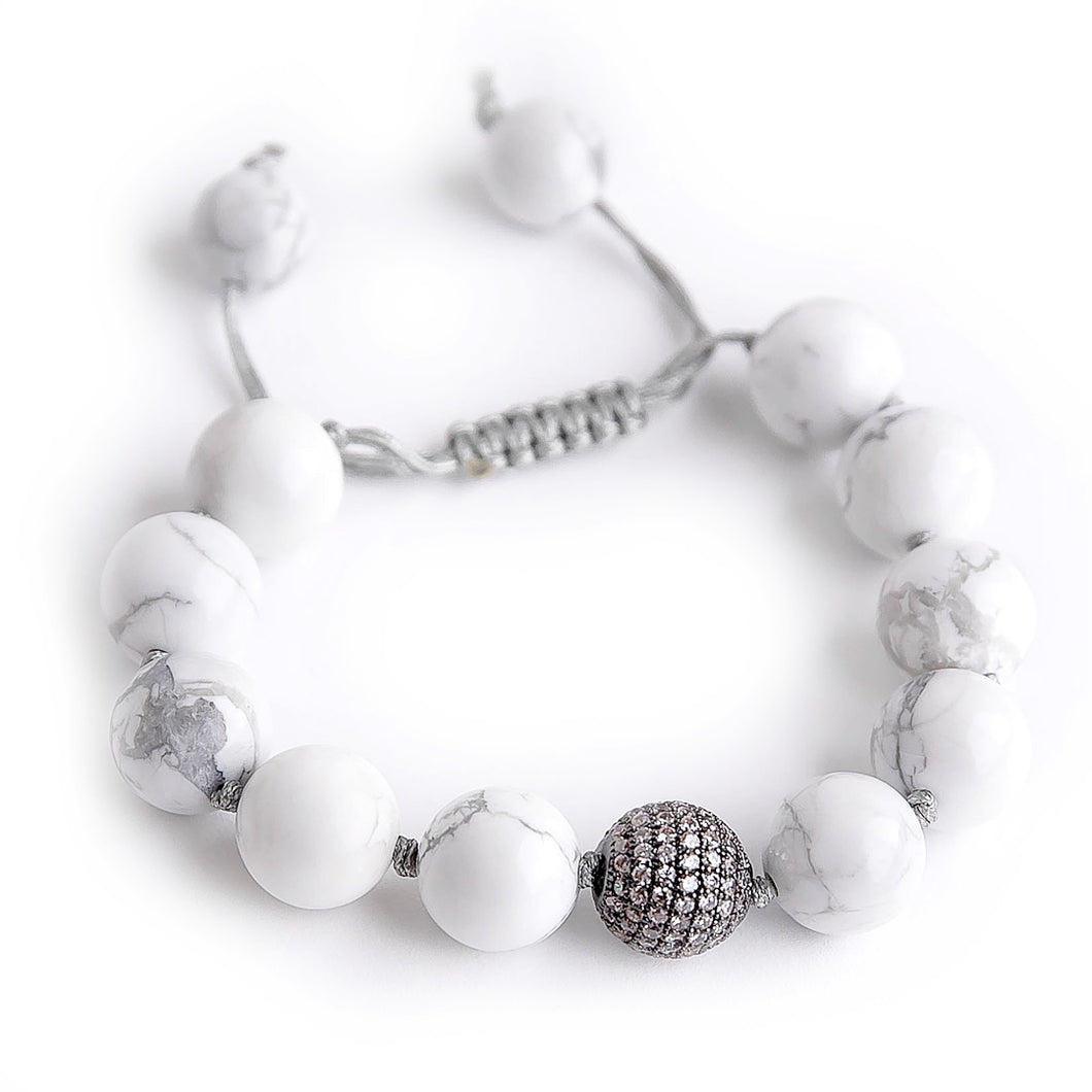 Adjustable Bright White Howlite with Gunmetal Micropave