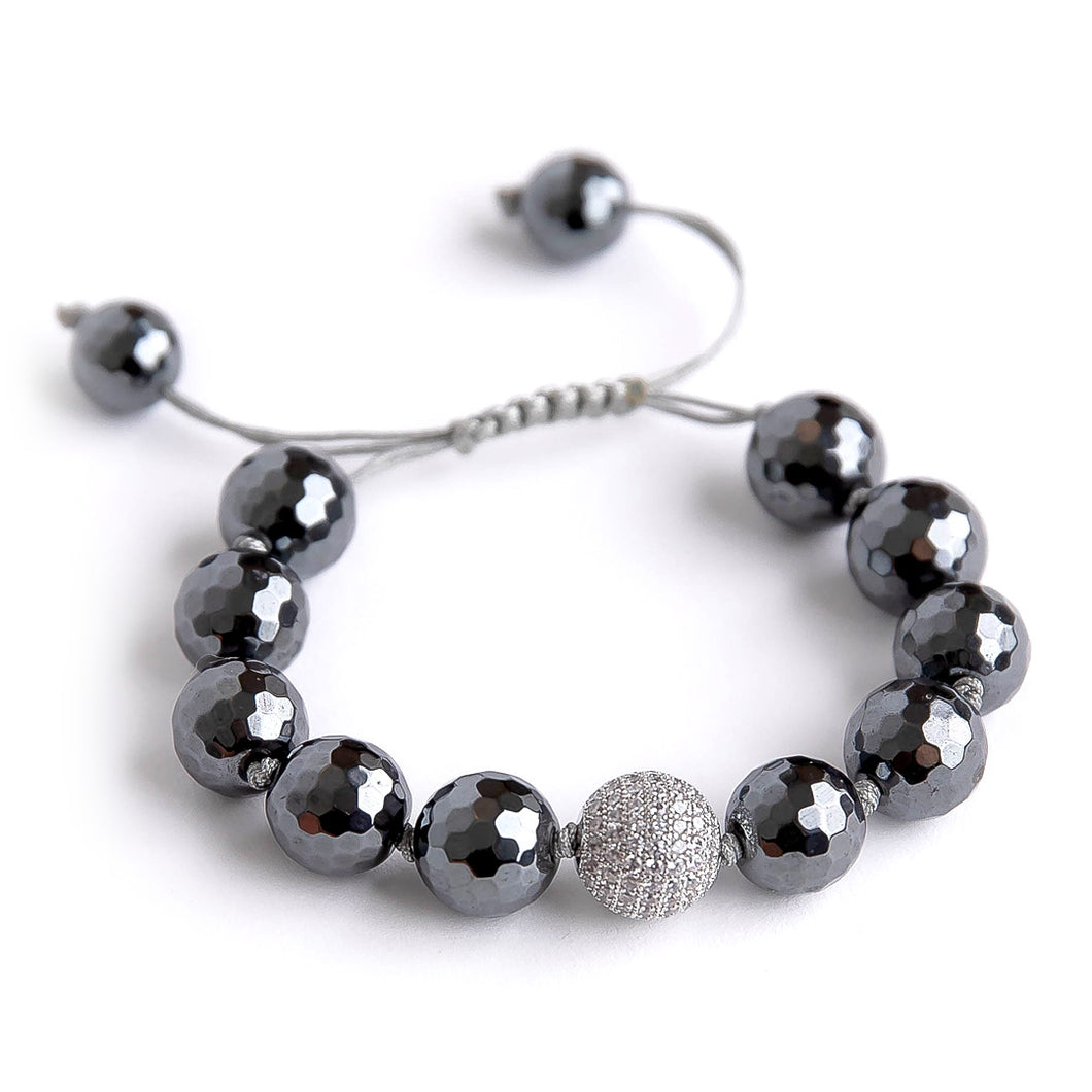 Adjustable Faceted Gunmetal Hematite with Silver Micropave