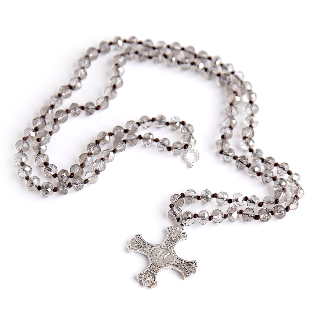 Platinum Quartz Crystal Hand Tied Necklace with Brushed Silver Mary Cross Pendant