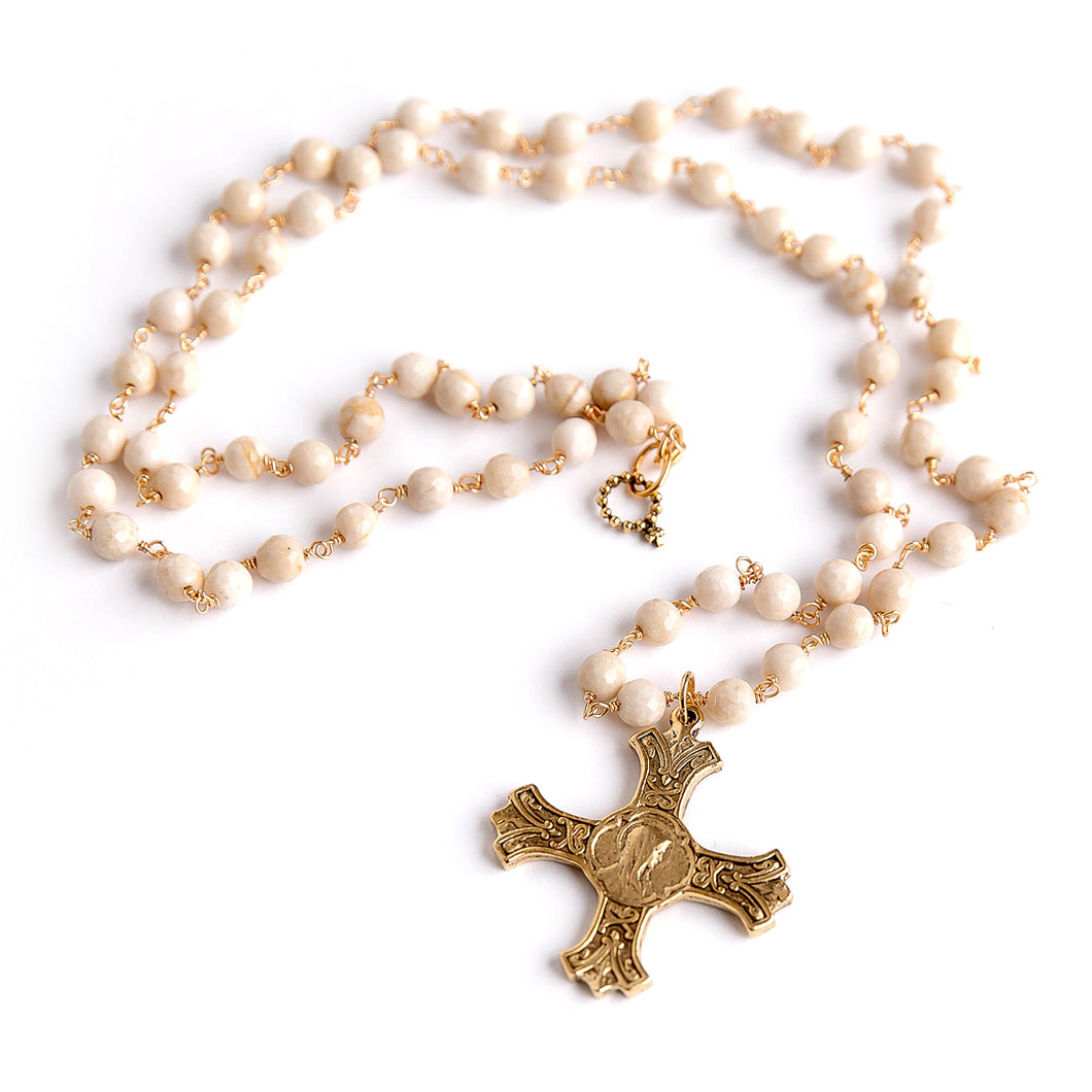 Cream Coral Rosary Necklace with Brushed Gold Mary Cross Pendant