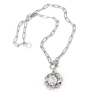 Matte Silver Paperclip Necklace with Pave Clasp and Silver Frilly Mary