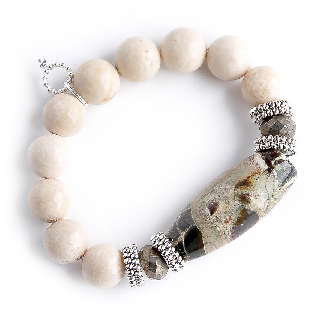12mm Cream Coral paired with Silver Accents and Rainforest Agate Barrel
