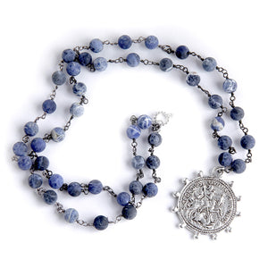 34" Matte Dumortierite rosary chain necklace paired with an exclusively cast silver Saint George medal