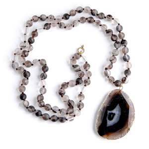 36" Matte Grey Owl Quartz hand tied gemstone necklace paired with an agate slice pendant