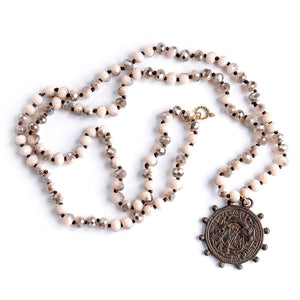 36" Faceted Mushroom Agate hand tied gemstone necklace paired with a exclusively cast bronze Saint George medal