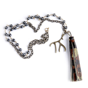 34" Mixed Faceted Gunmetal Hematite and Antiqued Brass Chain with Camo Tassel and brass antler