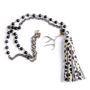 34" Mixed Black Onyx and Antique Brass Chain with Leopard tassel and silver Antler
