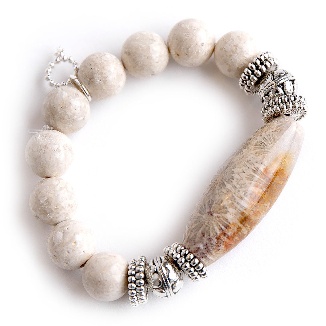 Fossil Coral Barrel with Silver Accents paired with Cream Coral