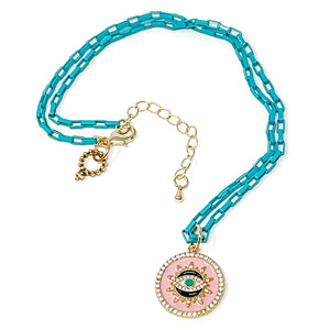 18" Aqua enameled barrel link necklace paired with blush protective eye