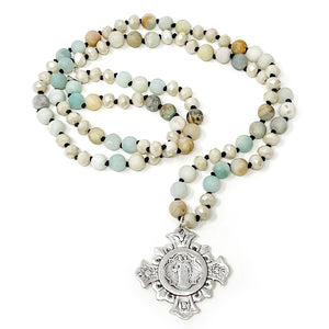 36" Amazonite and pearlized Agate hand tied necklace with large silver Queen of Heaven Cross