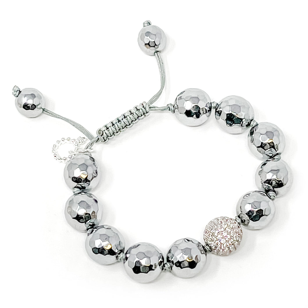 Adjustable Faceted Silver Hematite with silver micropave