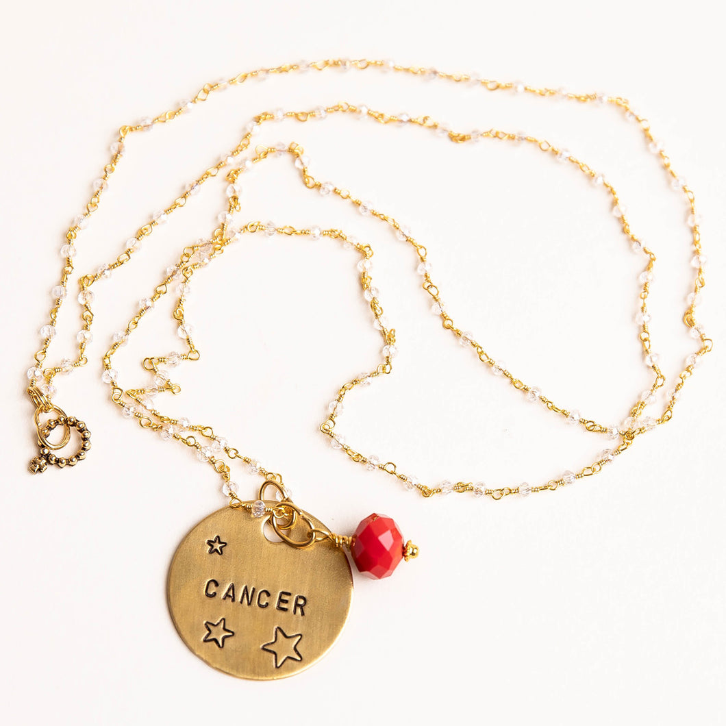 Clear quartz rosary chain necklace with red agate accent and hand stamped bronze Cancer medal