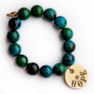 Chrysocolla paired with a hand stamped bronze Hope medal