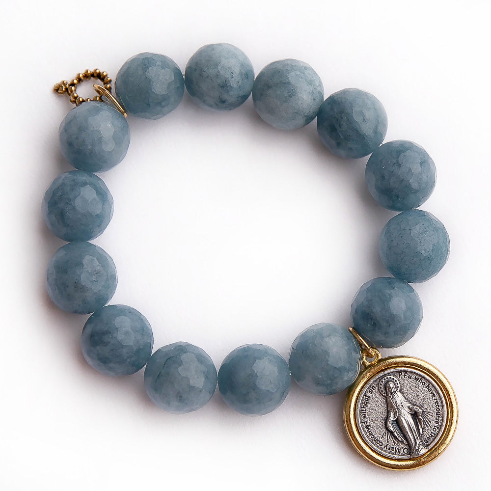 Faceted chambray agate paired with a two toned Blessed Mother medal