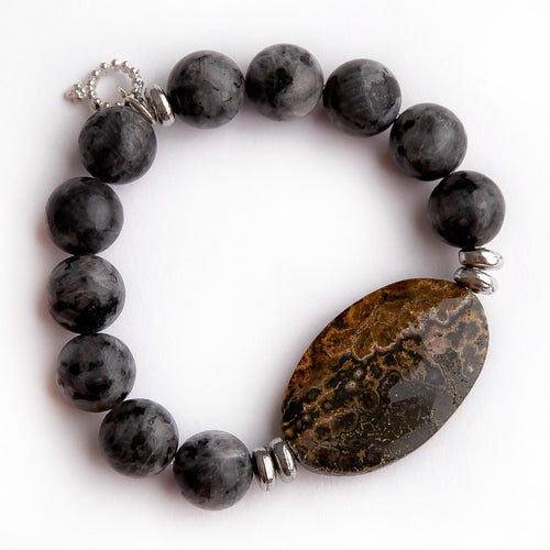 Charcoal jasper paired with brown faceted statement slice and silver accent beads
