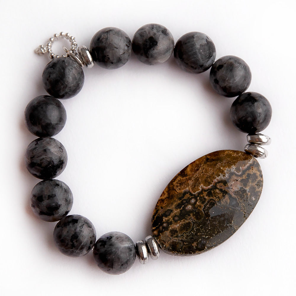 Charcoal jasper paired with brown faceted statement slice and silver accent beads