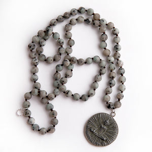 Kiwi jasper hand tied gemstone necklace paired with a slate Buddha pendant