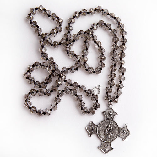 Faceted Light Grey Quartz hand tied necklace with a silver Saint Anthony cross