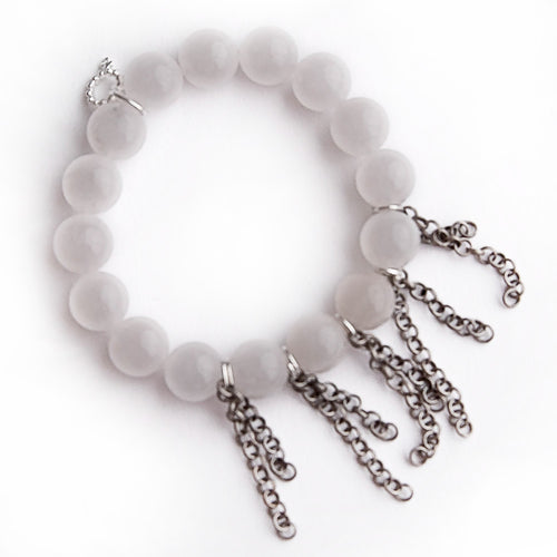 12mm White Jade with Gunmetal Fringe