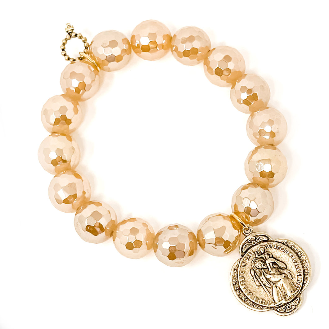 12mm Faceted Iridescent Gold Quartz with Exclusively Cast St. Christopher