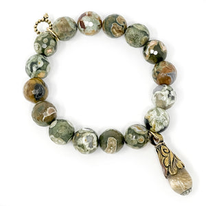 12mm Faceted Camouflage Agate paired with a Bronze Gemstone Droplet