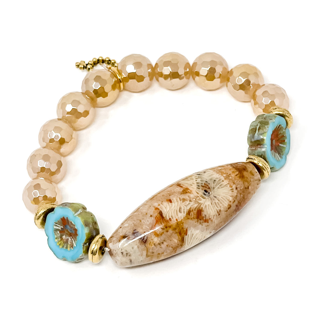 10mm Faceted Iridescent Gold Quartz with Coral Statement and Venetian Glass Flowers
