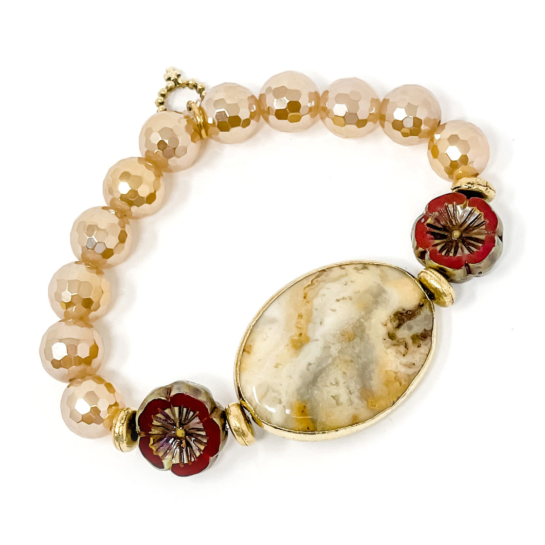 10mm Faceted Iridescent Gold Quartz with Agate Statement and Venetian Glass Flowers