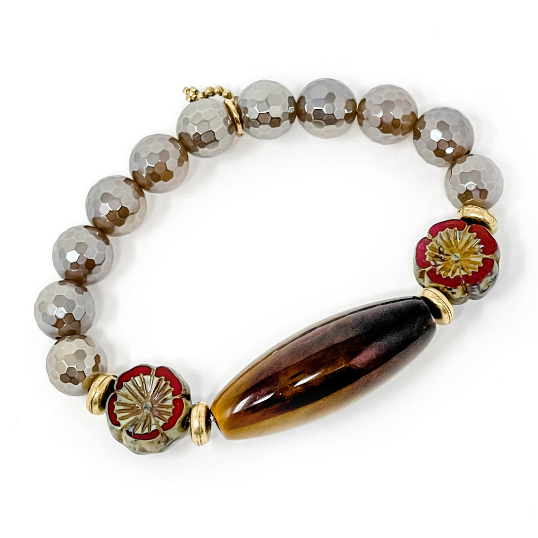 10mm Faceted Iridescent Taupe Quartz with Tiger Eye Statement and Venetian Glass Flowers