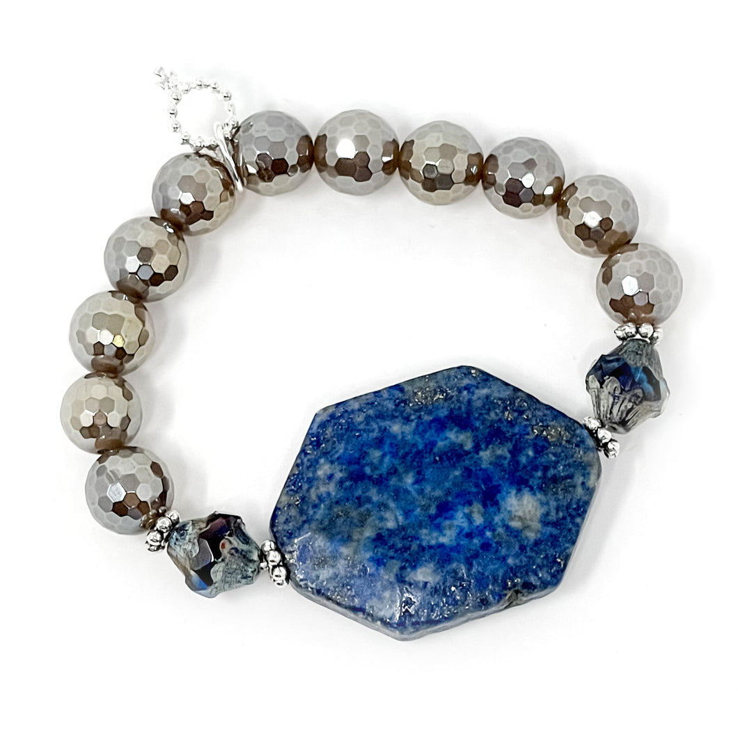 10mm Faceted Iridescent Dark Grey Quartz with Lapis Statement and Venetian Glass Accents