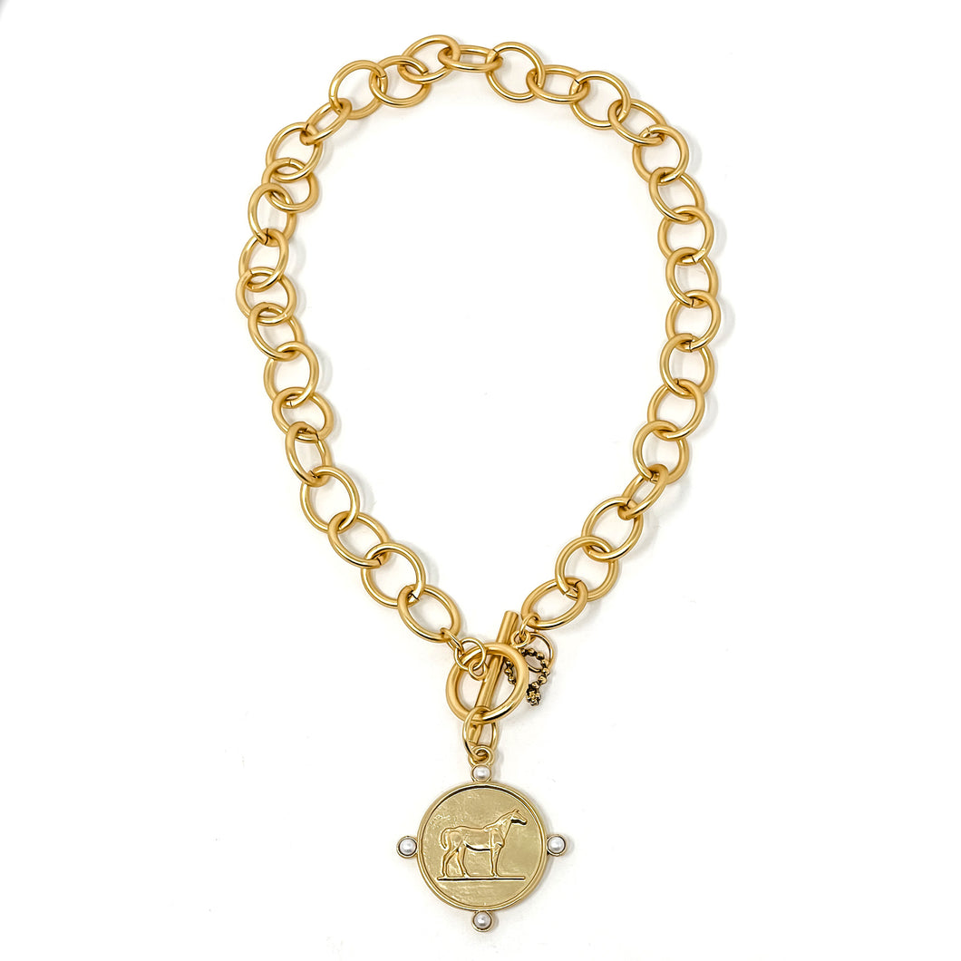 Circle Loop Toggle Necklace featuring a Pearl Surround Champion Horse Medallion