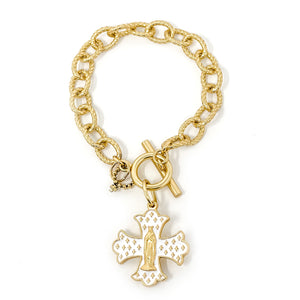 Twisted Chain Toggle Bracelet featuring Jen's White Enameled Mary Cross