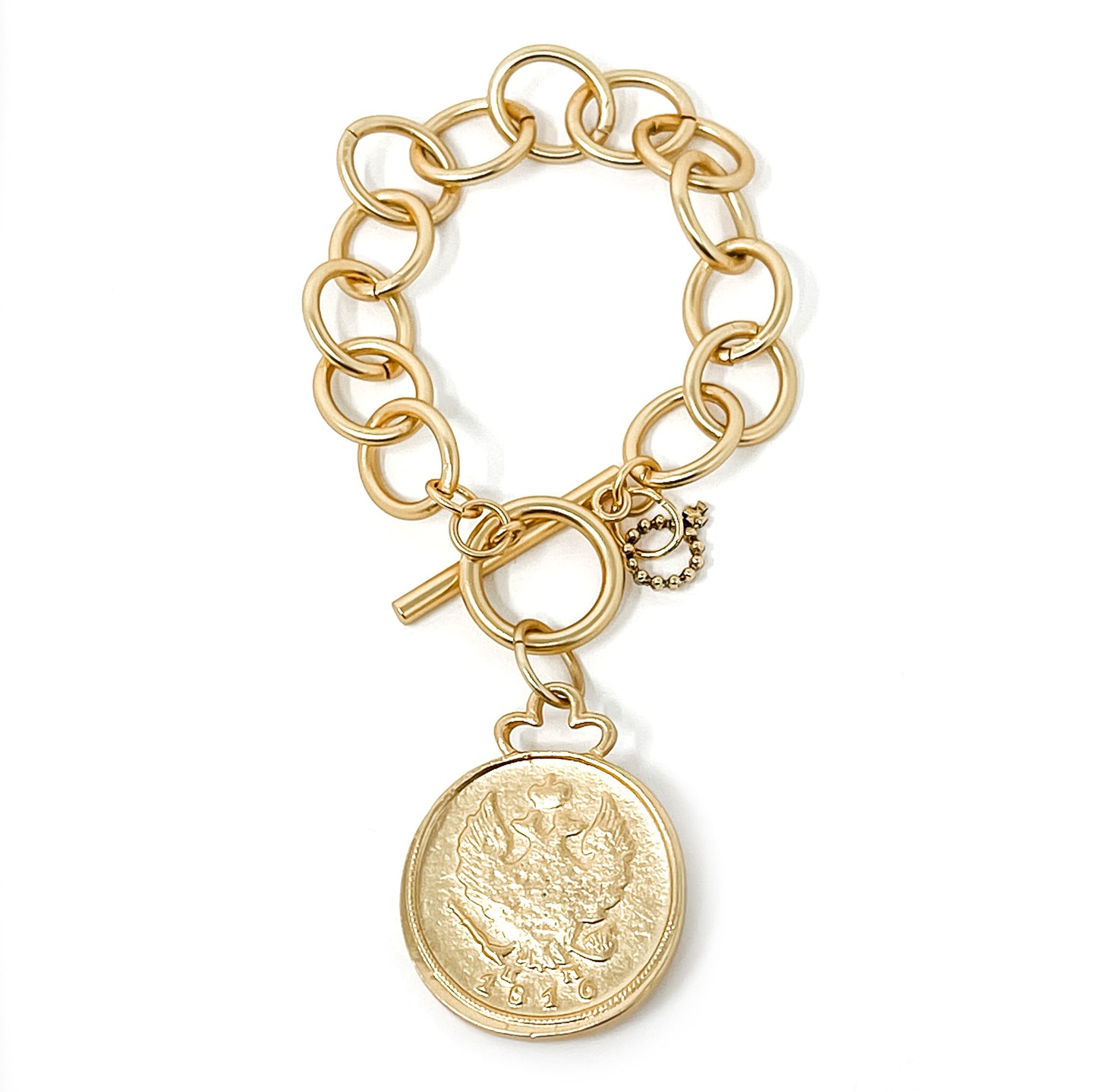 Circle Loop Toggle Bracelet featuring an Ancient Coin with Clover Top