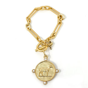 Modern Paperclip Toggle Bracelet featuring a Pearl Surround Champion Horse Medallion