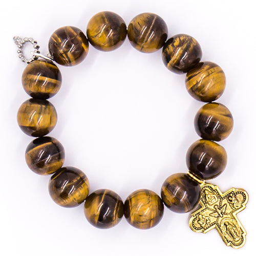 Tiger eye with brass 5-way cross