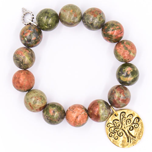 Unakite hammered brass tree of life