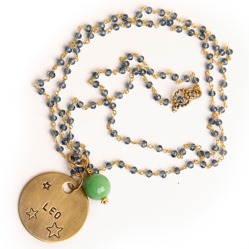 Blue quartz rosary chain necklace with spring green agate accent and hand stamped bronze Leo medal