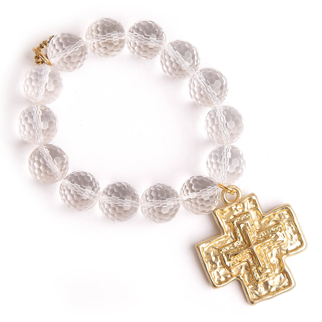 Faceted clear cut quartz with large brushed gold cross